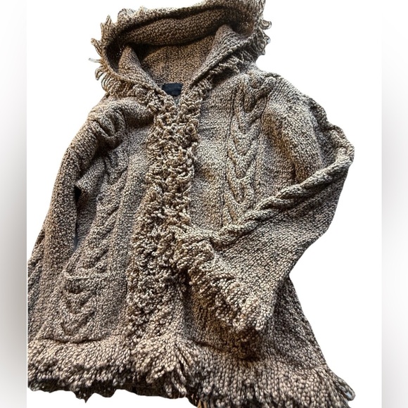 Native Wool Chunky Cable Knit Full Zip Hooded Fringe Cardigan Tan M/L Winter - Picture 5 of 6